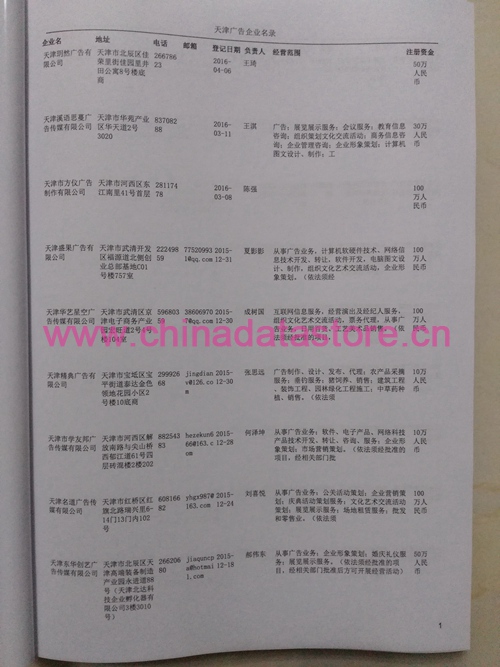 天津广告企业黄页收录了最新的天津广告企业名单，具有极高的营销价值，实实在在提高销售业绩